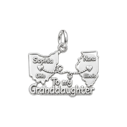 Miles Apart Connection Charm Bracelet – Personalized Granddaughter – silver plated 3 cm charm, front view
