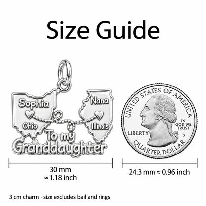 Miles Apart Connection Charm Bracelet – Personalized Granddaughter – size guide, 3 cm charm next to a quarter