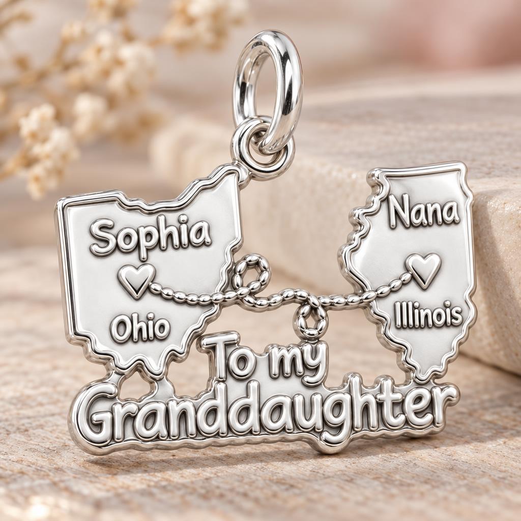 Miles Apart Connection Charm Bracelet – Personalized Granddaughter – macro detail of the charm