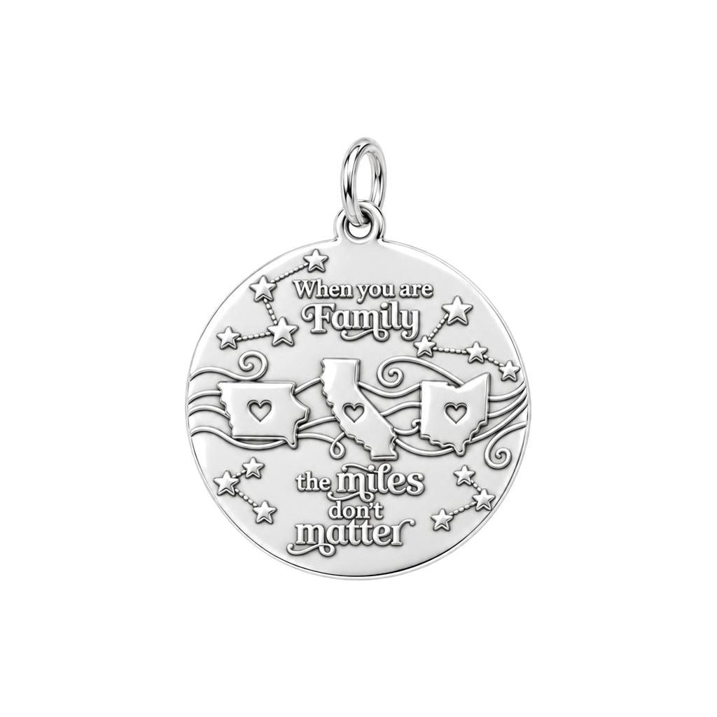 Miles Don't Matter Charm Bracelet – Personalized Family Gift – silver plated 3 cm charm, front view