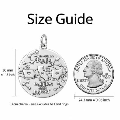 Miles Don't Matter Charm Bracelet – Personalized Family Gift – size guide, 3 cm charm next to a quarter