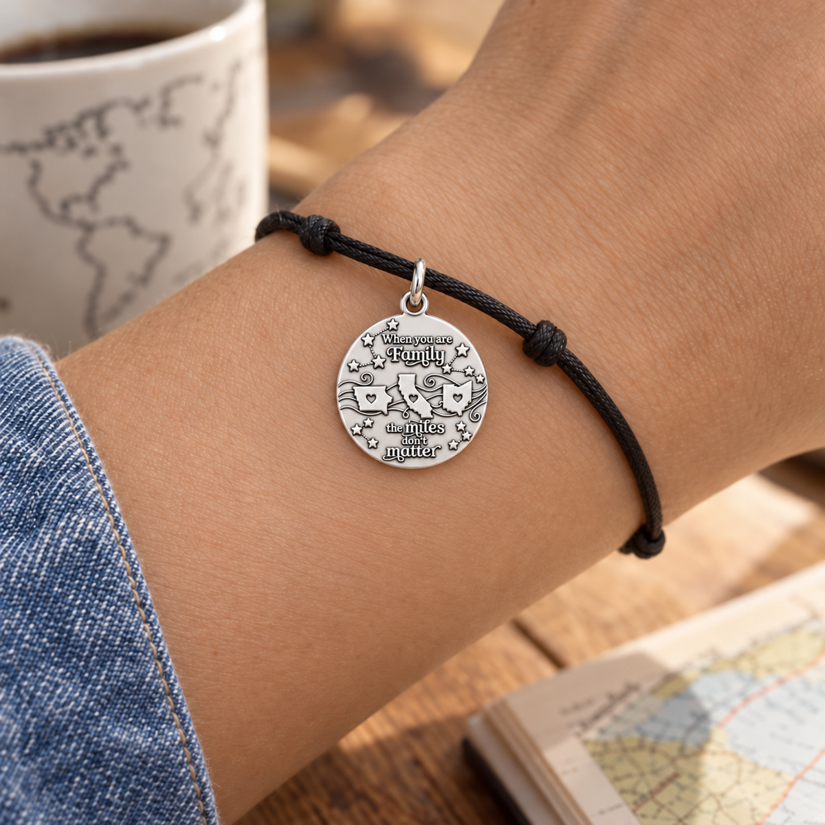 Miles Don't Matter Charm Bracelet – Personalized Family Gift – worn on the wrist on a black cord bracelet