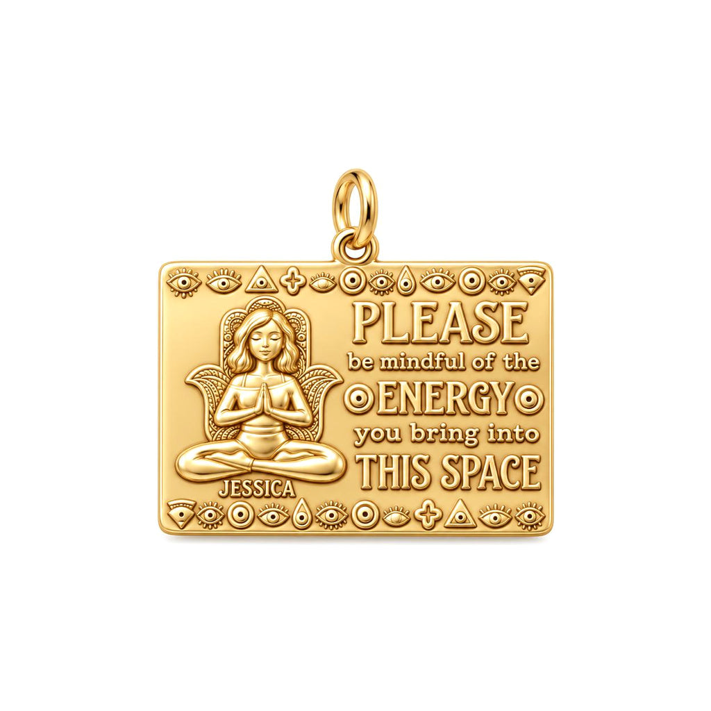 Mindful Energy Yoga Charm Bracelet – Personalized Yogi Gift – 18K gold plated 3 cm charm, front view