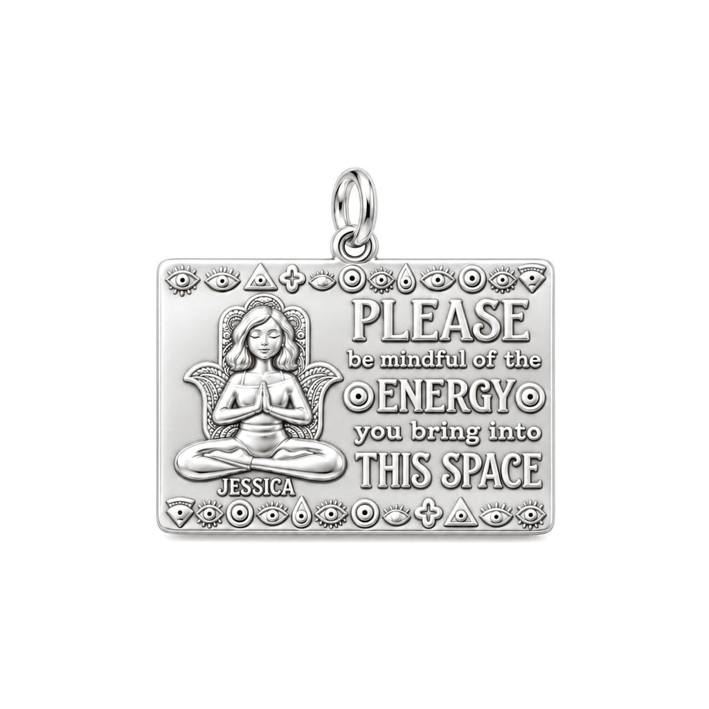 Mindful Energy Yoga Charm Bracelet – Personalized Yogi Gift – silver plated 3 cm charm, front view