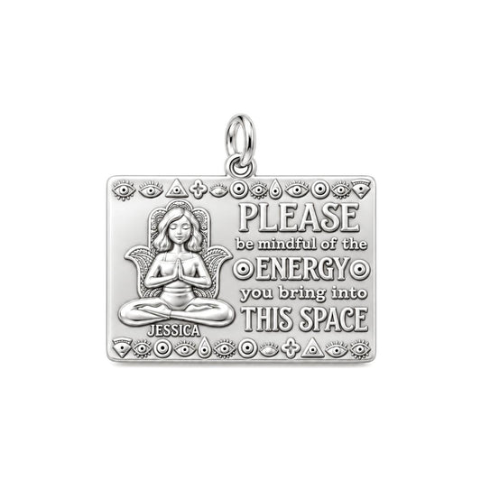 Mindful Energy Yoga Charm Bracelet – Personalized Yogi Gift – silver plated 3 cm charm, front view