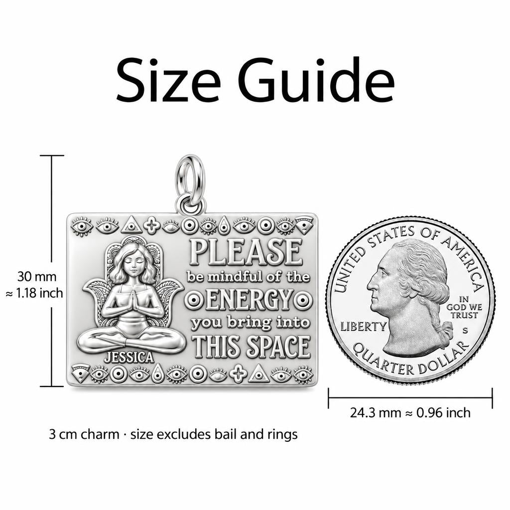 Mindful Energy Yoga Charm Bracelet – Personalized Yogi Gift – size guide, 3 cm charm next to a quarter