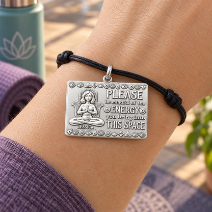 Mindful Energy Yoga Charm Bracelet – Personalized Yogi Gift – worn on the wrist on a black cord bracelet