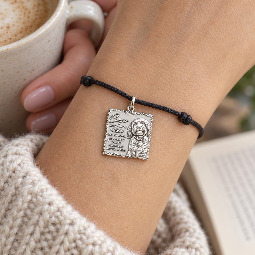 Missed Beyond Words Memorial Charm and Polyester Cord Bracelet Set – worn on the wrist on a black cord bracelet