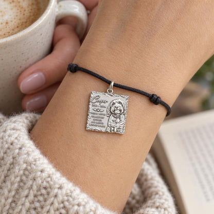Missed Beyond Words Memorial Charm and Polyester Cord Bracelet Set – worn on the wrist on a black cord bracelet