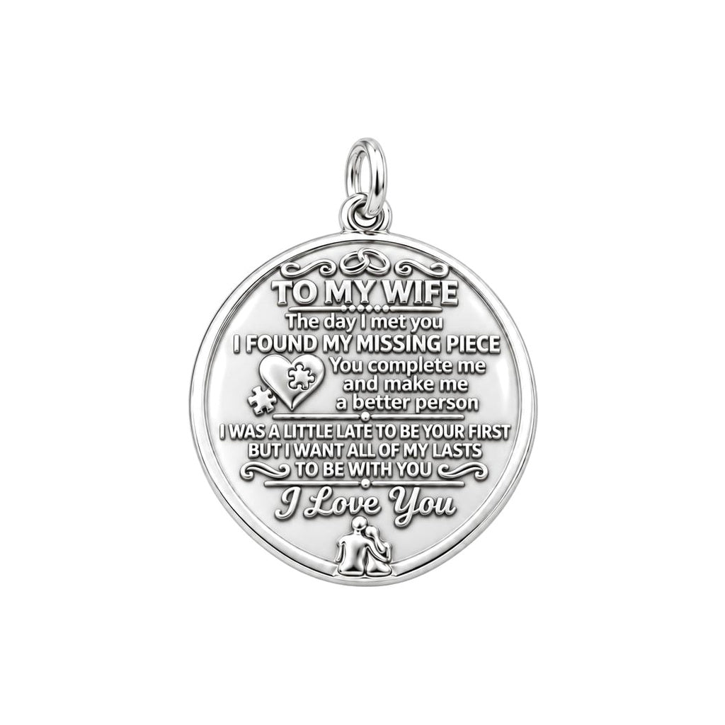 Missing Piece Charm Bracelet – Personalized Wife Gift – silver plated 3 cm charm, front view