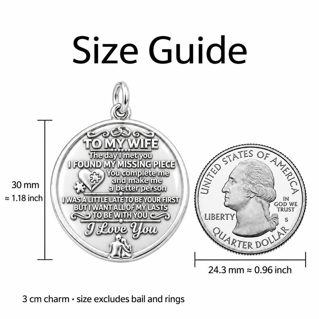 Missing Piece Charm Bracelet – Personalized Wife Gift – size guide, 3 cm charm next to a quarter