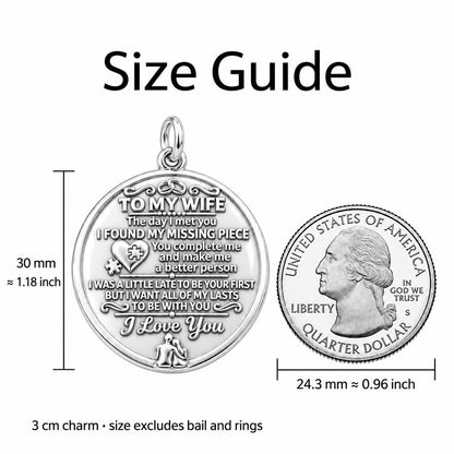 Missing Piece Charm Bracelet – Personalized Wife Gift – size guide, 3 cm charm next to a quarter