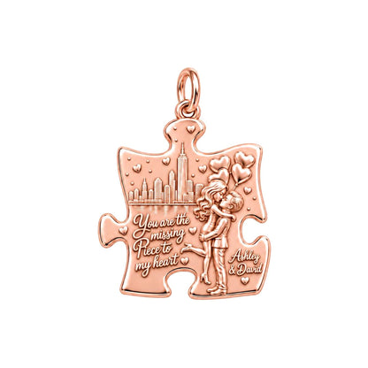 Missing Piece City Date Charm Bracelet – Personalized Couple Gift – rose gold 3 cm charm, front view