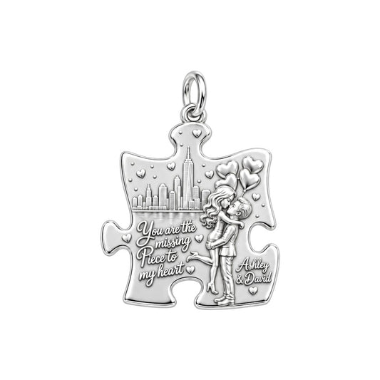 Missing Piece City Date Charm Bracelet – Personalized Couple Gift – silver plated 3 cm charm, front view