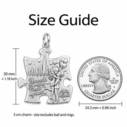 Missing Piece City Date Charm Bracelet – Personalized Couple Gift – size guide, 3 cm charm next to a quarter