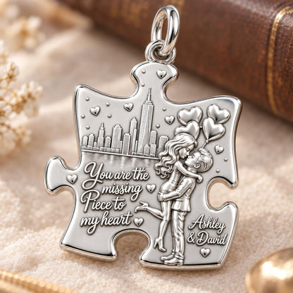 Missing Piece City Date Charm Bracelet – Personalized Couple Gift – macro detail of the charm