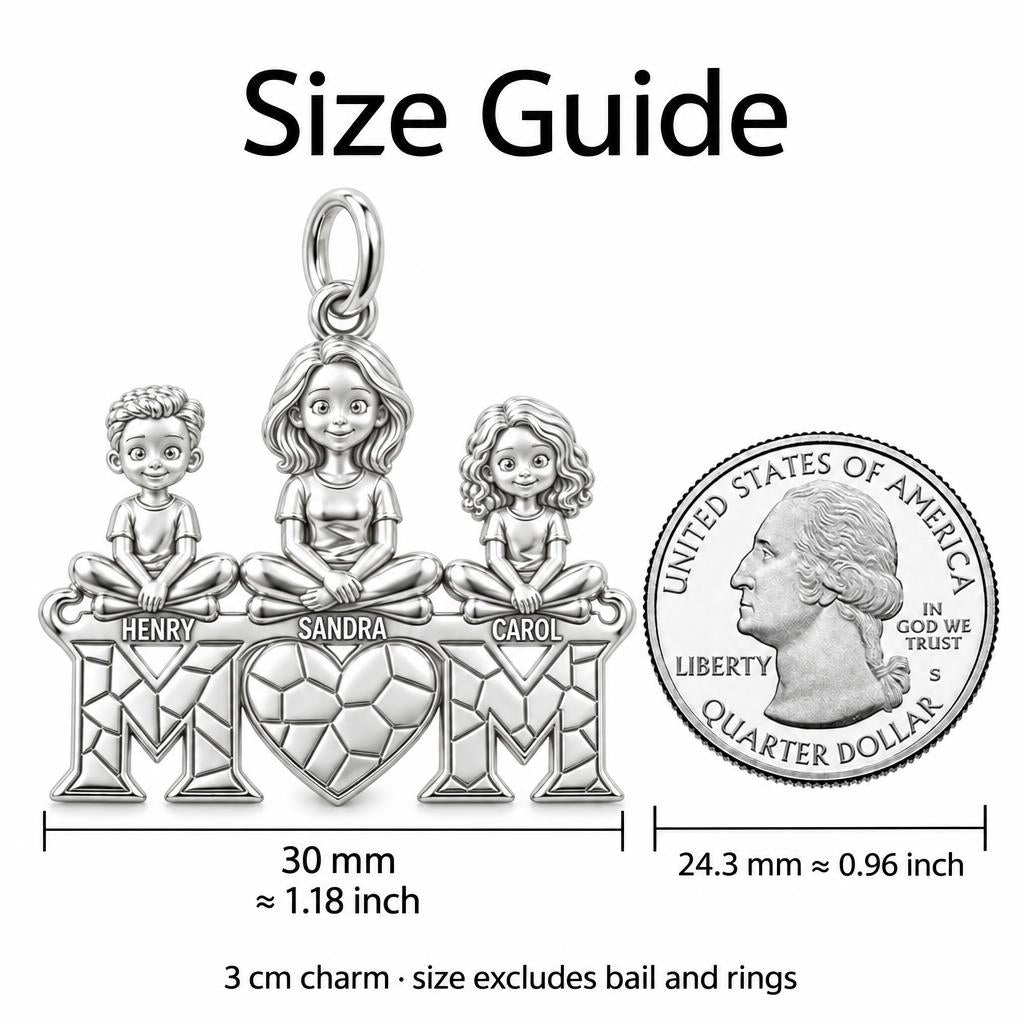 Mom and Her Little Hearts Charm Bracelet – Personalized Mom Gift – size guide, 3 cm charm next to a quarter