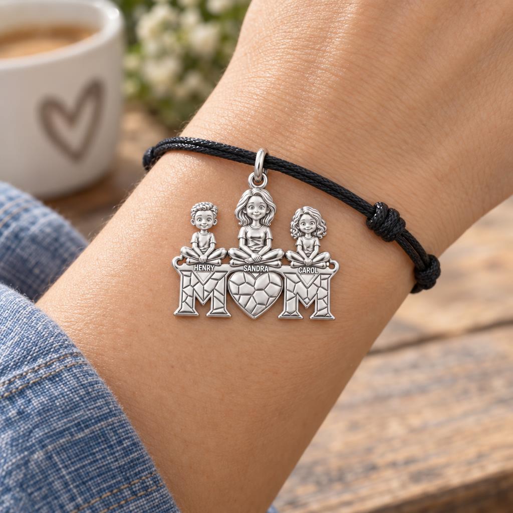 Mom and Her Little Hearts Charm Bracelet – Personalized Mom Gift – worn on the wrist on a black cord bracelet