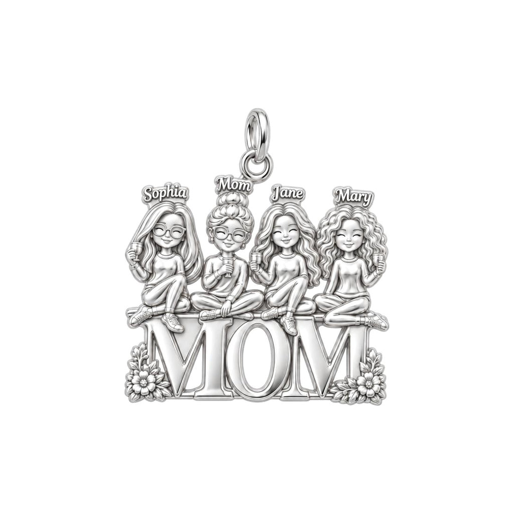 Mom's Garden of Girls Charm Bracelet – Personalized Mom Gift – silver plated 3 cm charm, front view