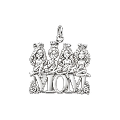 Mom's Garden of Girls Charm Bracelet – Personalized Mom Gift – silver plated 3 cm charm, front view
