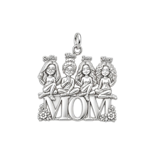 Mom's Garden of Girls Charm Bracelet – Personalized Mom Gift – silver plated 3 cm charm, front view