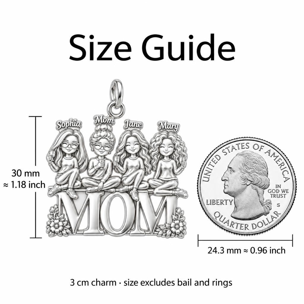 Mom's Garden of Girls Charm Bracelet – Personalized Mom Gift – size guide, 3 cm charm next to a quarter