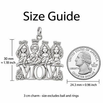 Mom's Garden of Girls Charm Bracelet – Personalized Mom Gift – size guide, 3 cm charm next to a quarter
