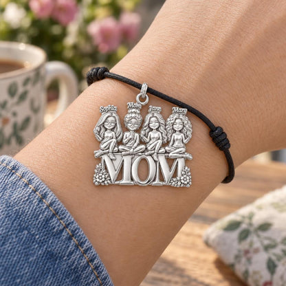 Mom's Garden of Girls Charm Bracelet – Personalized Mom Gift – worn on the wrist on a black cord bracelet