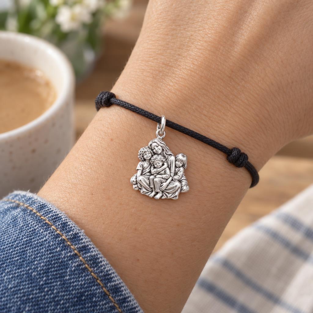 Mom's Inner Circle Charm Bracelet – Personalized Mom Gift – worn on the wrist on a black cord bracelet