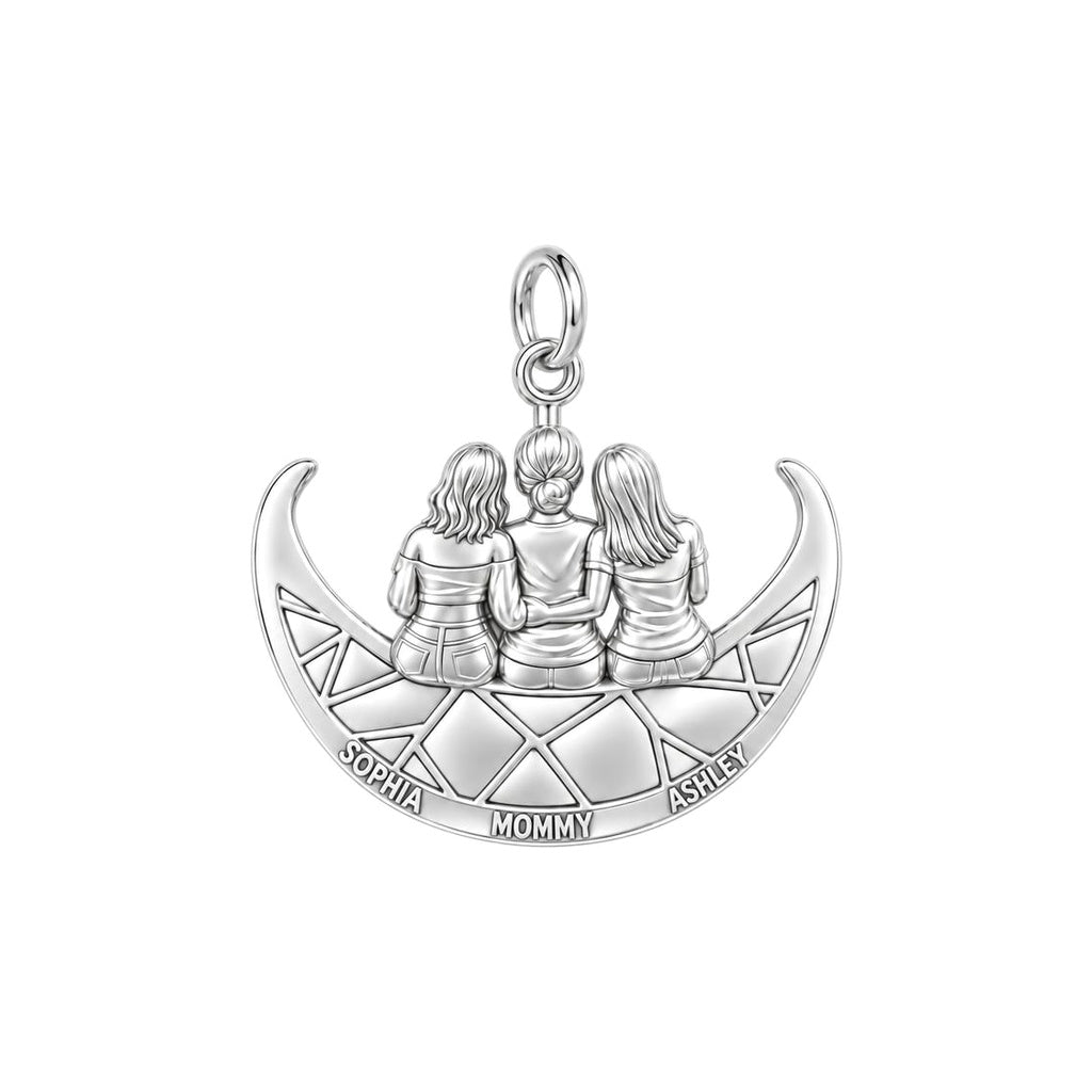 Moonlight Mother and Daughters Charm Bracelet – Personalized Mom Gift – silver plated 3 cm charm, front view