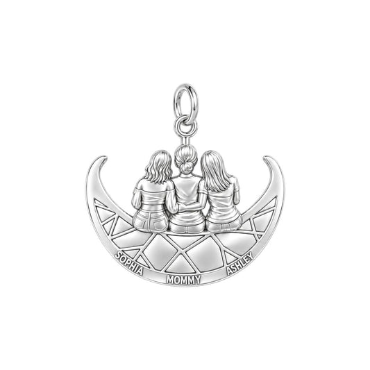 Moonlight Mother and Daughters Charm Bracelet – Personalized Mom Gift – silver plated 3 cm charm, front view
