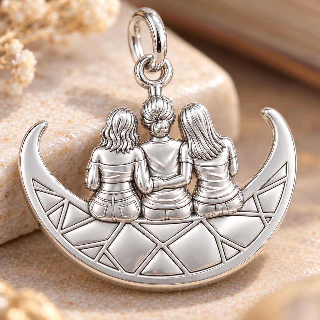 Moonlight Mother and Daughters Charm Bracelet – Personalized Mom Gift – macro detail of the charm