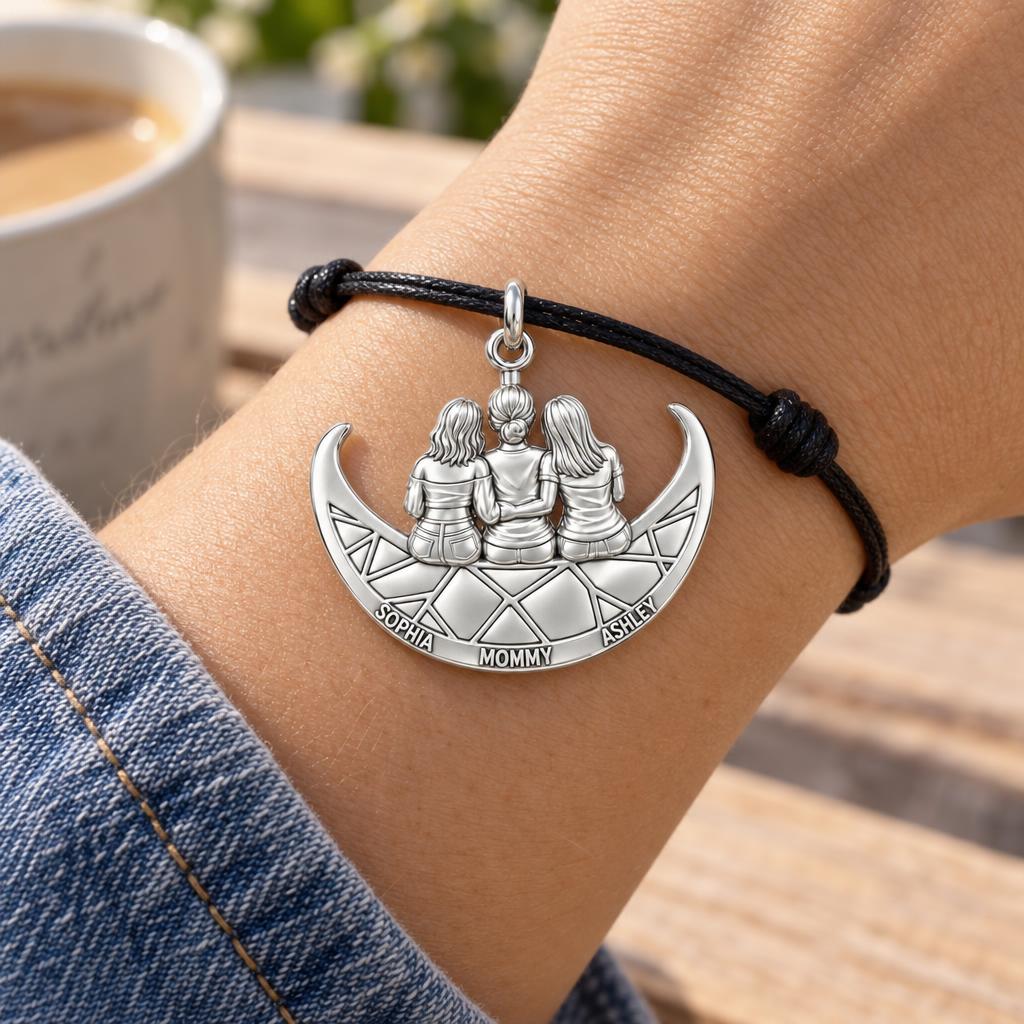 Moonlight Mother and Daughters Charm Bracelet – Personalized Mom Gift – worn on the wrist on a black cord bracelet