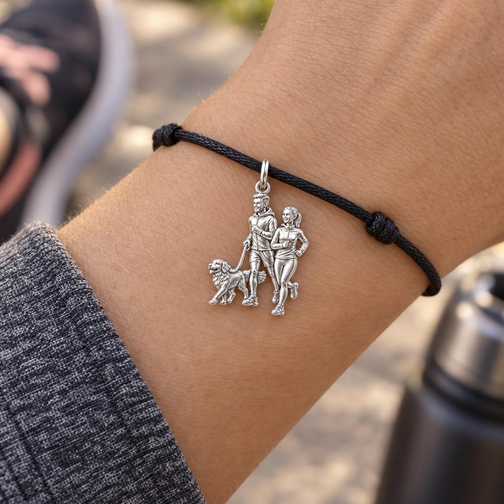 Morning Jog Together Charm Bracelet – Personalized Couple Gift – worn on the wrist on a black cord bracelet
