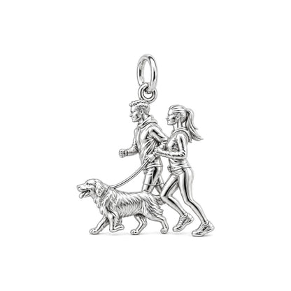 Morning Jog With Furry Friend Charm Bracelet – Personalized Couple – silver charm, front view