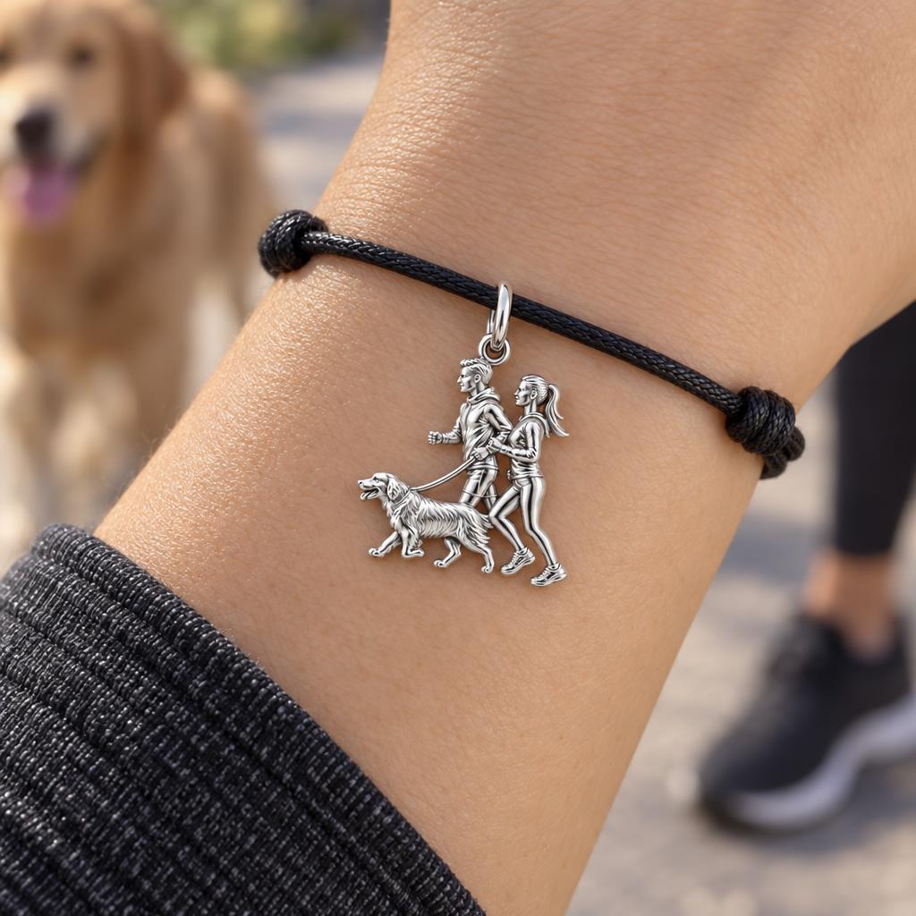 Morning Jog With Furry Friend Charm Bracelet – Personalized Couple – worn on the wrist on a black cord bracelet