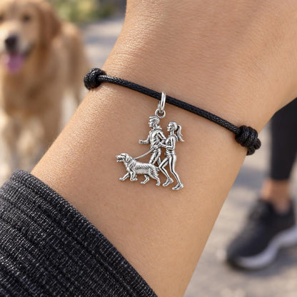 Morning Jog With Furry Friend Charm Bracelet – Personalized Couple – worn on the wrist on a black cord bracelet