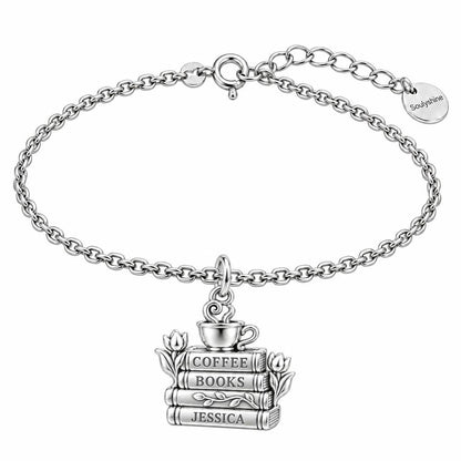 Morning Ritual Books and Coffee Charm Bracelet Set – silver, front view