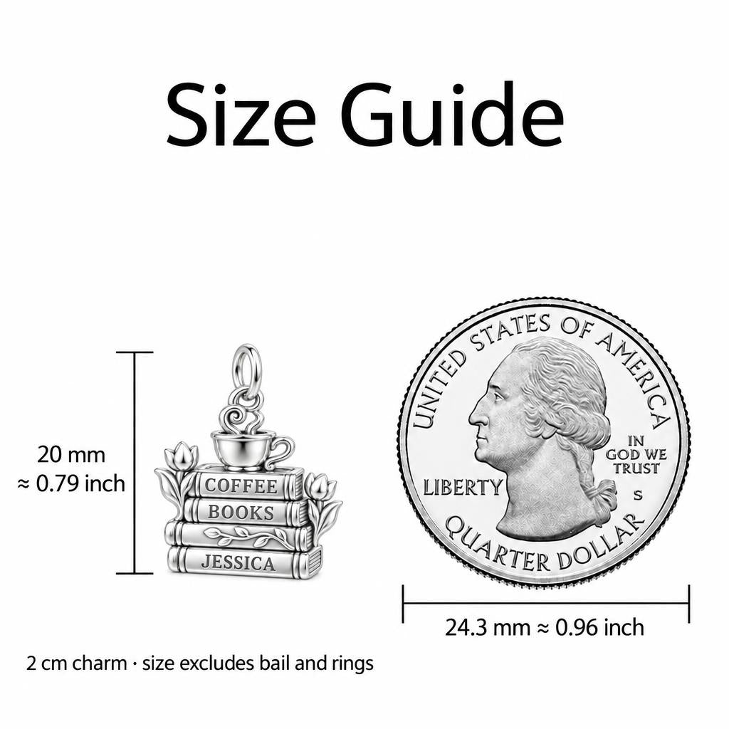 Morning Ritual Books and Coffee Charm Bracelet Set – size guide, 13 mm charm next to a quarter