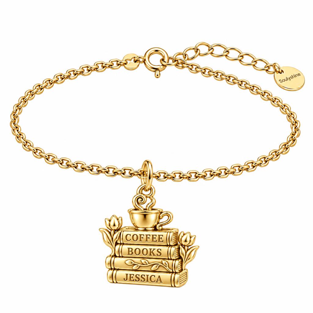 Morning Ritual Books and Coffee Charm Bracelet Set – 18K gold, front view