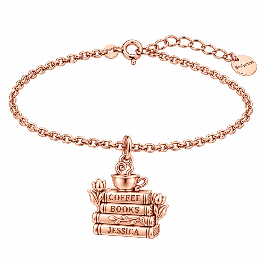 Morning Ritual Books and Coffee Charm Bracelet Set – rose gold, front view