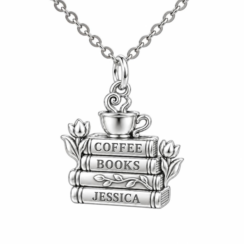 Morning Ritual Books and Coffee Charm Necklace Set – silver, front view