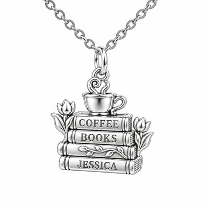 Morning Ritual Books and Coffee Charm Necklace Set – silver, front view