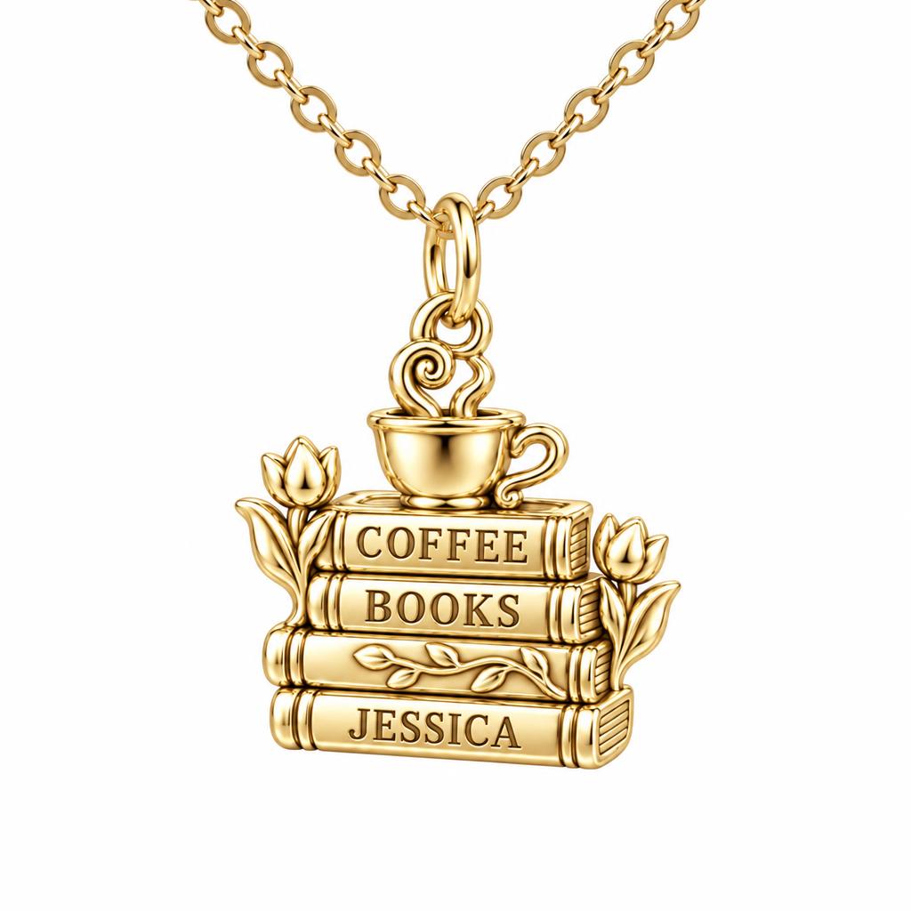 Morning Ritual Books and Coffee Charm Necklace Set – 18K gold, front view