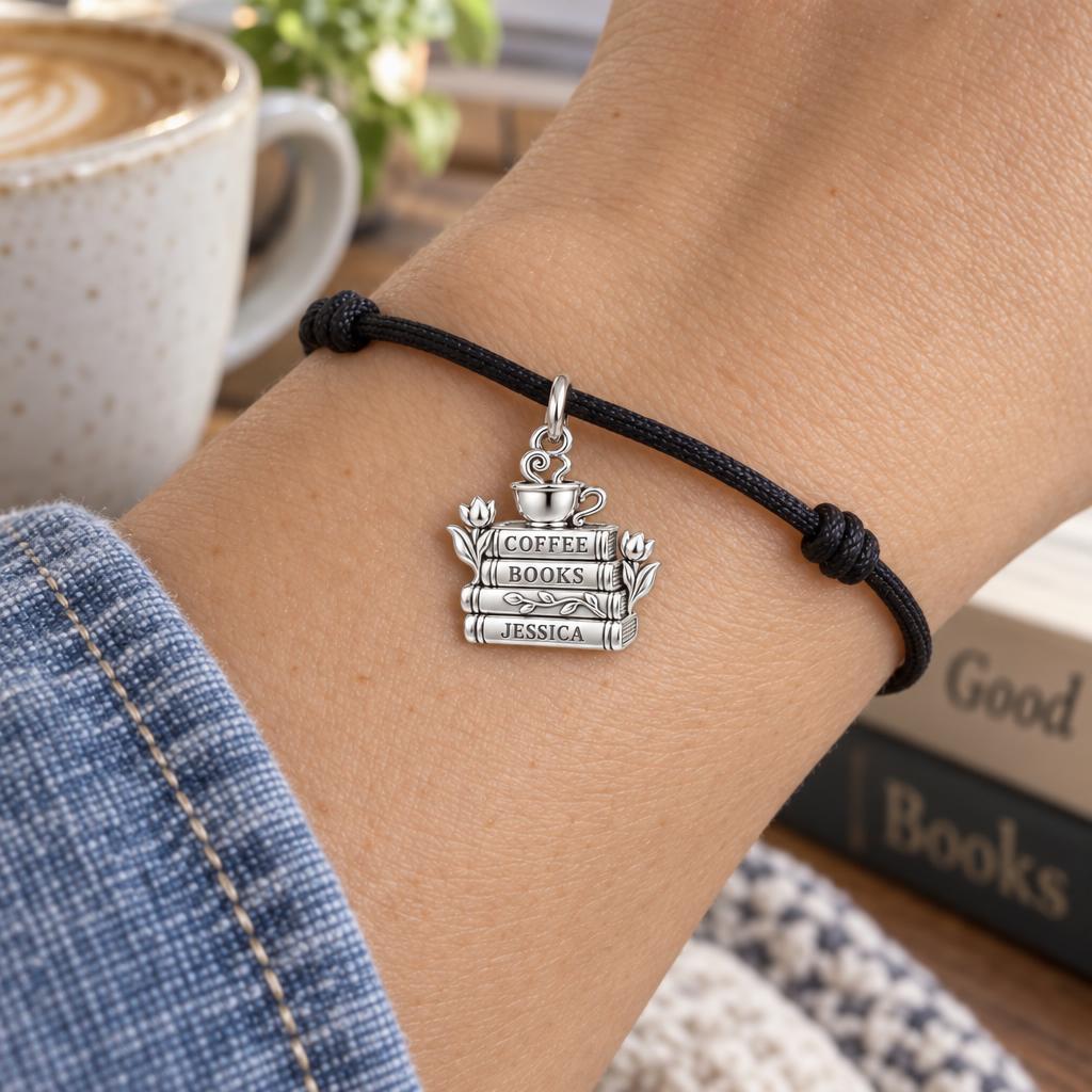 Morning Ritual Books Charm Bracelet – Personalized Book Mom Gift – worn on the wrist on a black cord bracelet