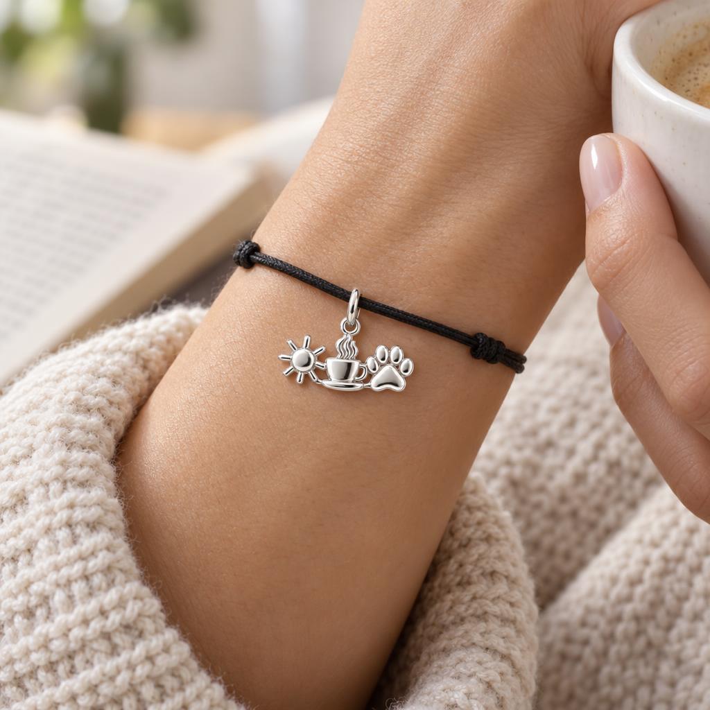 Morning Ritual Sunshine Coffee and Paw Charm and Polyester Cord Bracelet Set