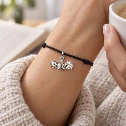 Morning Ritual Sunshine Coffee and Paw Charm and Polyester Cord Bracelet Set