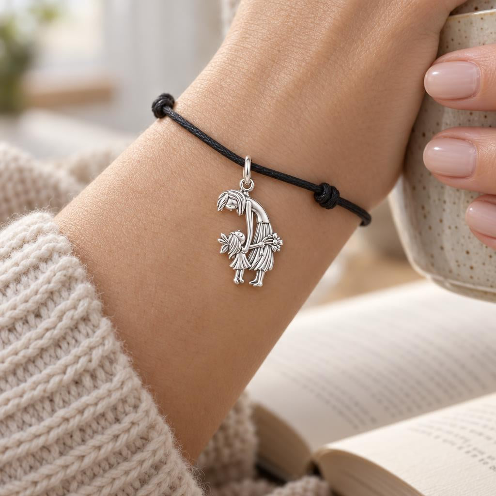Mother and Child Bouquet Charm and Polyester Cord Bracelet Set