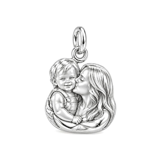 Mother and Child Kiss Charm Bracelet – Personalized Mom Gift – silver charm, front view