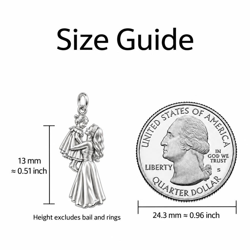 Mother and Daughter Lift Charm Bracelet – Personalized Mom Gift – size guide, 13 mm charm next to a quarter